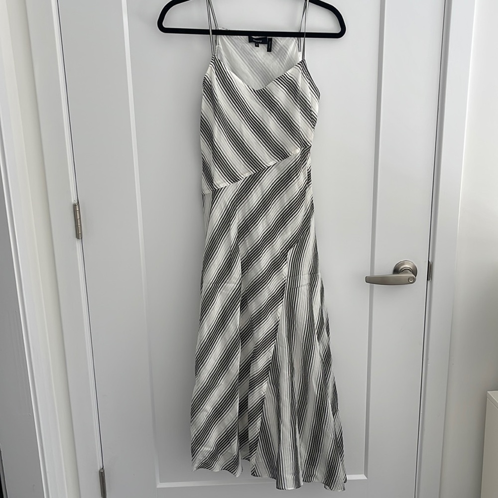 Theory Women’s Striped Asymmetric Midi Dress Black and Ivory Size 0